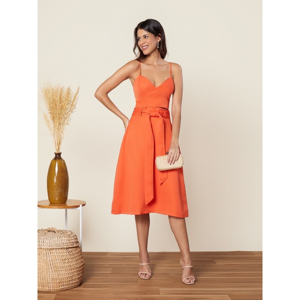 CONJUNTO FEMININA CROPPD COM BOJO E SAIA MIDI