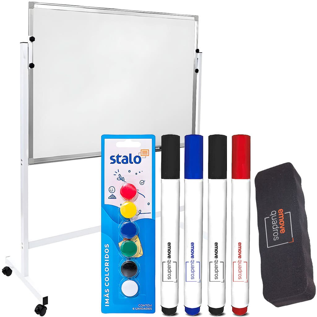 Lousa Quadro Branco 120x90cm Formica Magnético Soft Alumínio Suporte Cavalete Com Rodinhas + Kit Apresentação Com Imãs