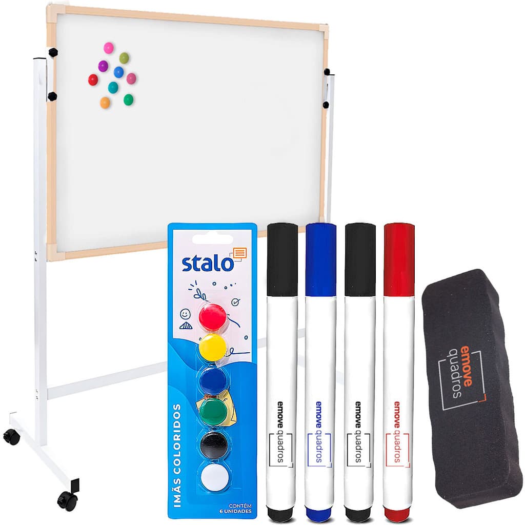 Lousa Quadro Branco 120x90cm Magnético Madeira Com Suporte Cavalete C/ Rodinhas + Kit Apresentação Com Imãs Coloridos
