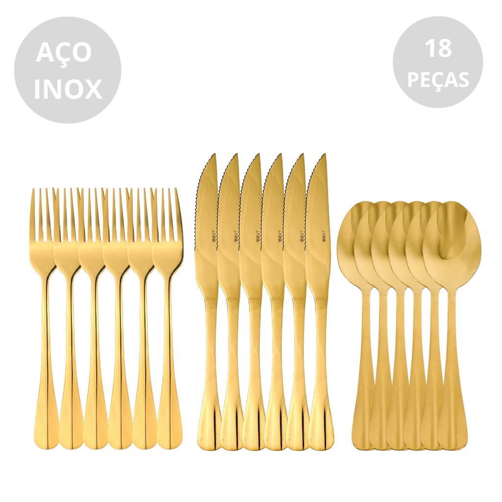 Faqueiro 18 Peças De Aço Inox  Dourado Positano Premium Lyor