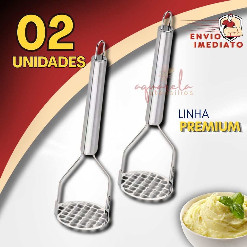 Kit 2 Amassador Batatas Espremedor Manual Legumes Multiuso Aço Inox Com Cabo Anatômico Cozinha