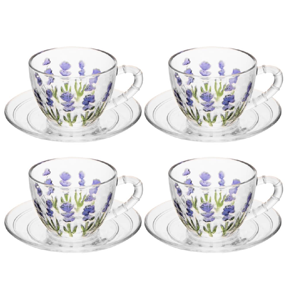 Kit 4 Xícaras de Café 80ml Lyor Lavanda em Cristal Requintado Luxo Hand Painting Mesa Posta Transparente Roxa Roxinha