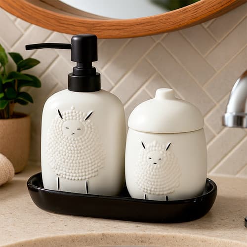 Jogo De Banheiro Porcelana Lavabo Infantil Bebê Dispenser Líquido Bandeja