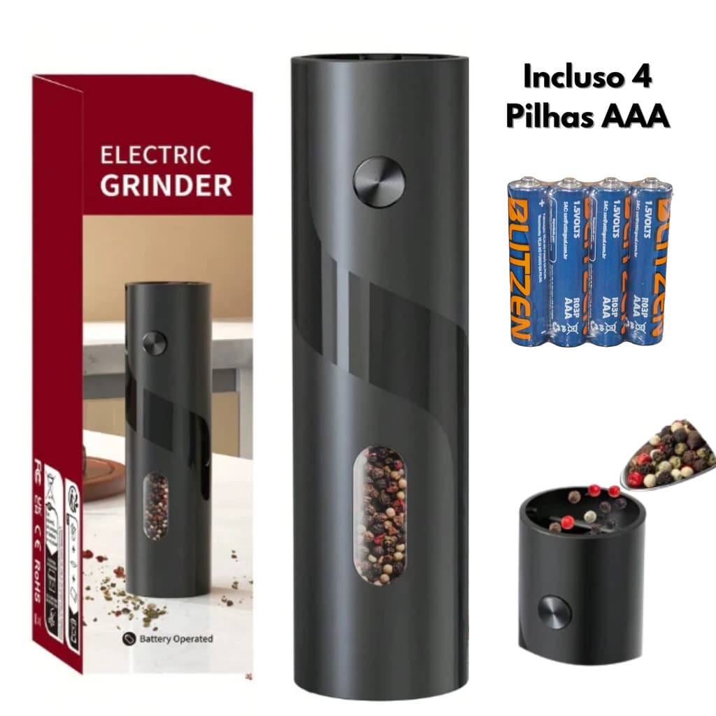 Moedor Elétrico de Sal e Pimenta com 4 Pilhas AAA, Moedor de Tempero Triturador Automático