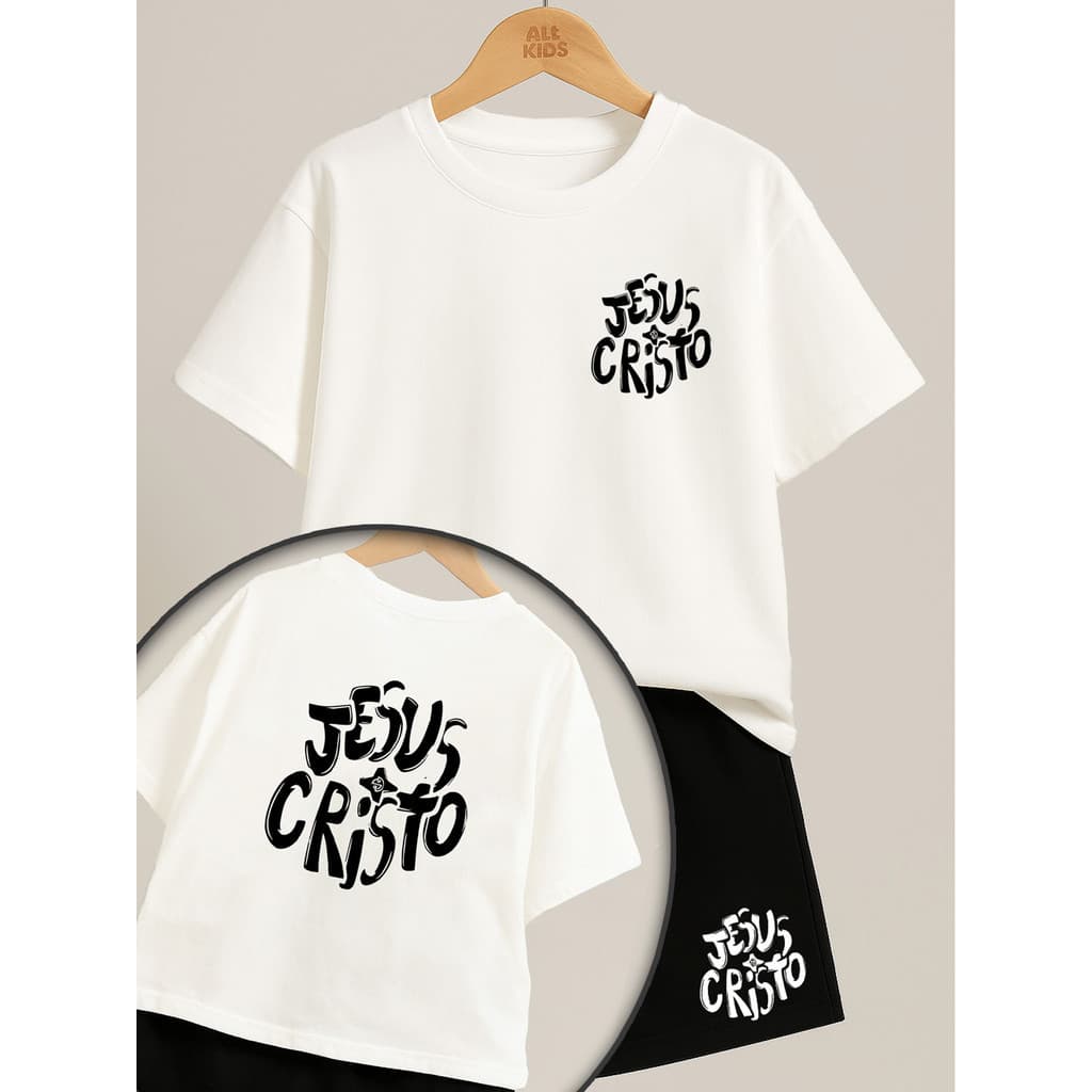 Conjunto Camisa Shorts para Crianças Gospel Roupa Infantil Juvenil Jesus Cristo 4 ao 16 abis