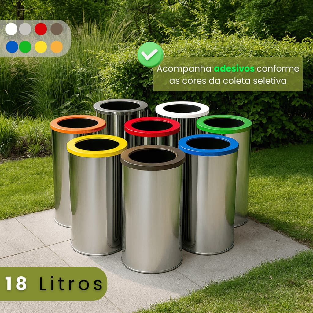 Lixeira Inox 18L com Tampa e Aro Colorido – Cesto de Lixo Moderno para Banheiro, Cozinha e Escritório