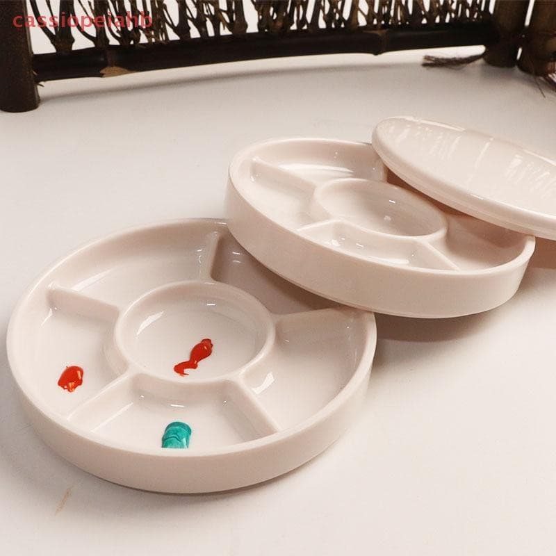 (cassiopeiahb) Paleta Redonda De Imitação De Porcelana Com Tampa Pintura Em Aquarela Acrílica Bandeja De Branca Multifun