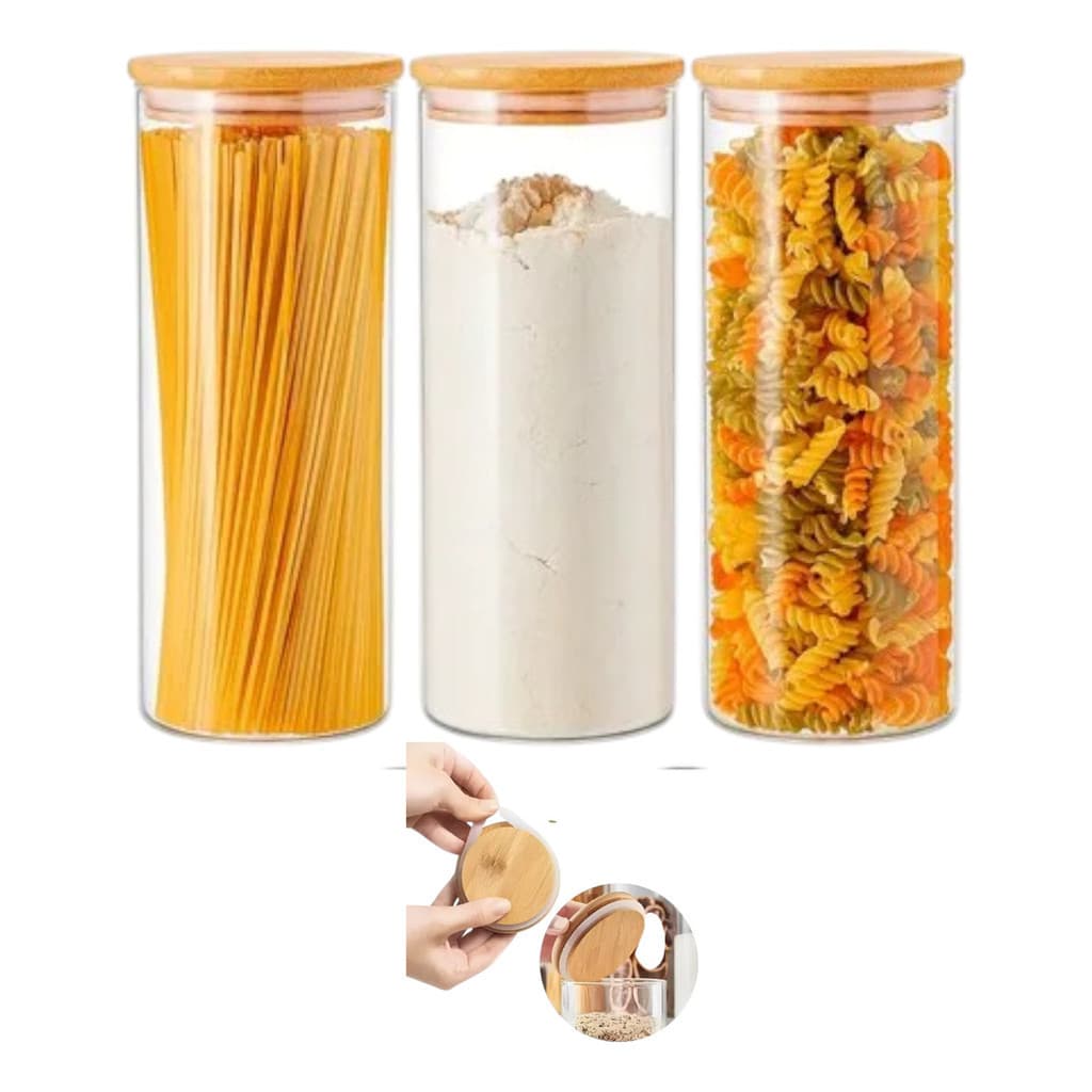 Conjunto 3 Potes De Vidro Tampa De Bambu Hermético 2 Litros