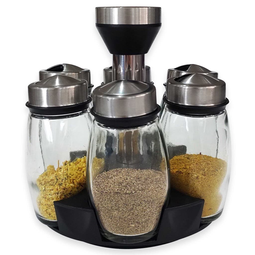 Porta Temperos Giratório Inox 6 Potes Vidro 120ml Organizador de Temperos Suporte Cozinha Premium