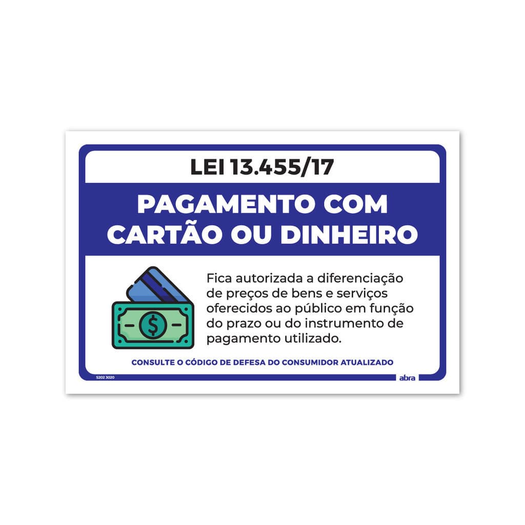 Placa de Sinalização 30x20 Cm Lei 13.455/17 Pagamento Com Cartão ou Dinheiro Para Comércio Loja