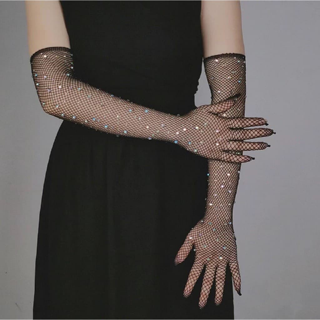 Luvas Longa de Malha Elegantes Com Brilhante de Diamante Festa Fantasia