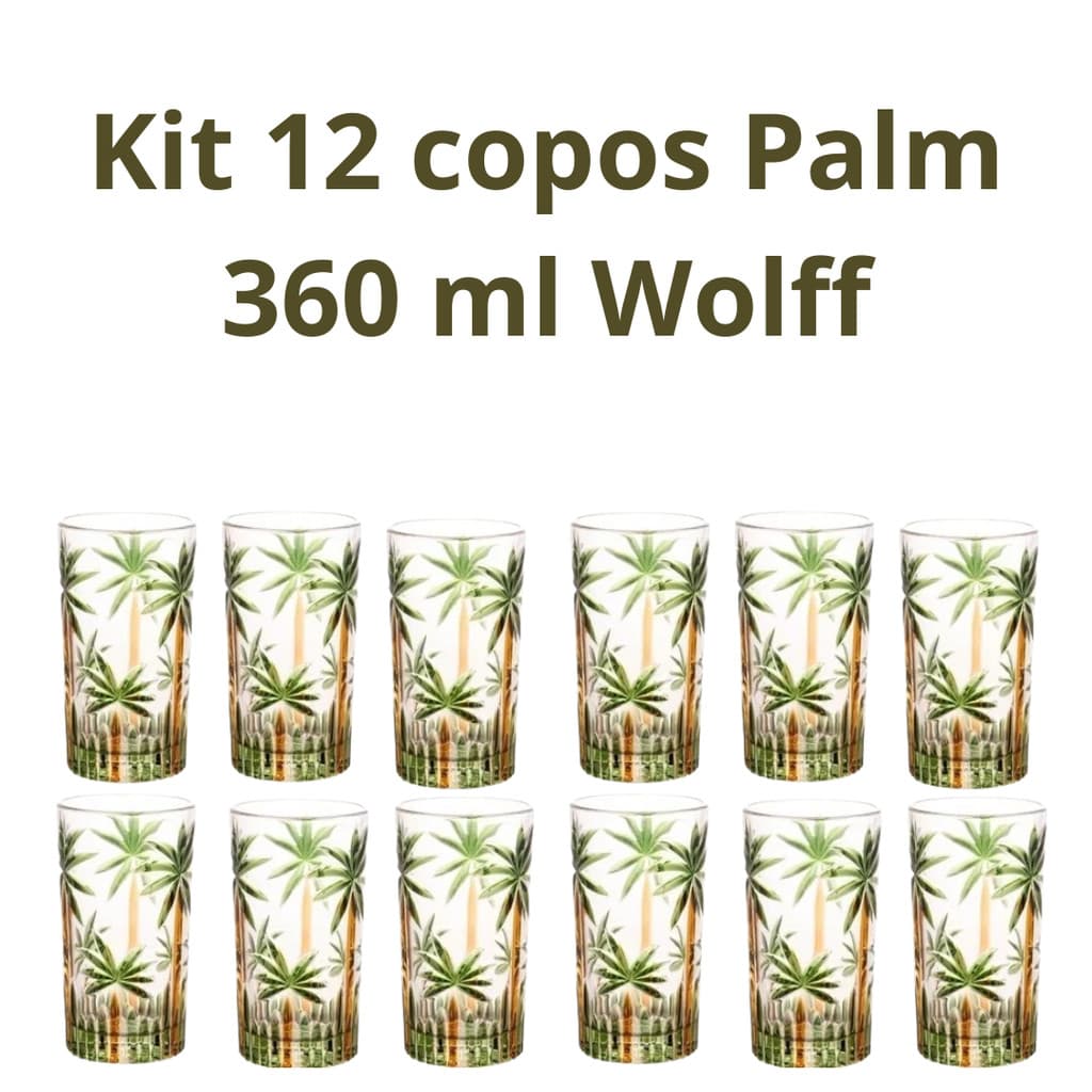 Conjunto 12 Copos Altos Cristal Palm Tree Handpaint 360 Ml Wolff