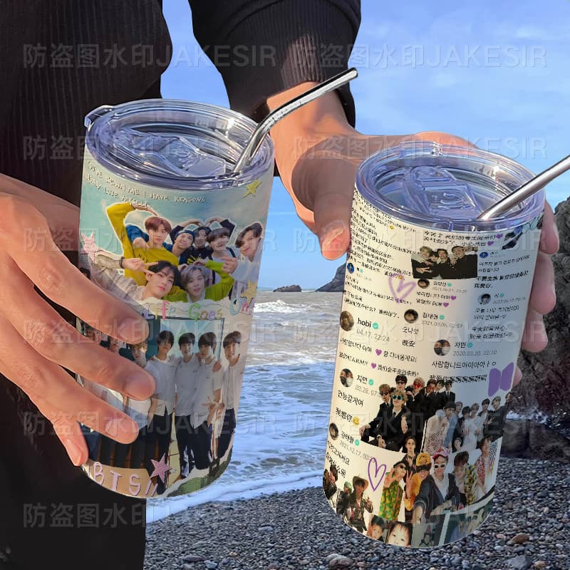 Copo térmico BTS Bangtan Boys com canudo, copo casual para café, copo térmico portátil de aço inoxidável com canudo.