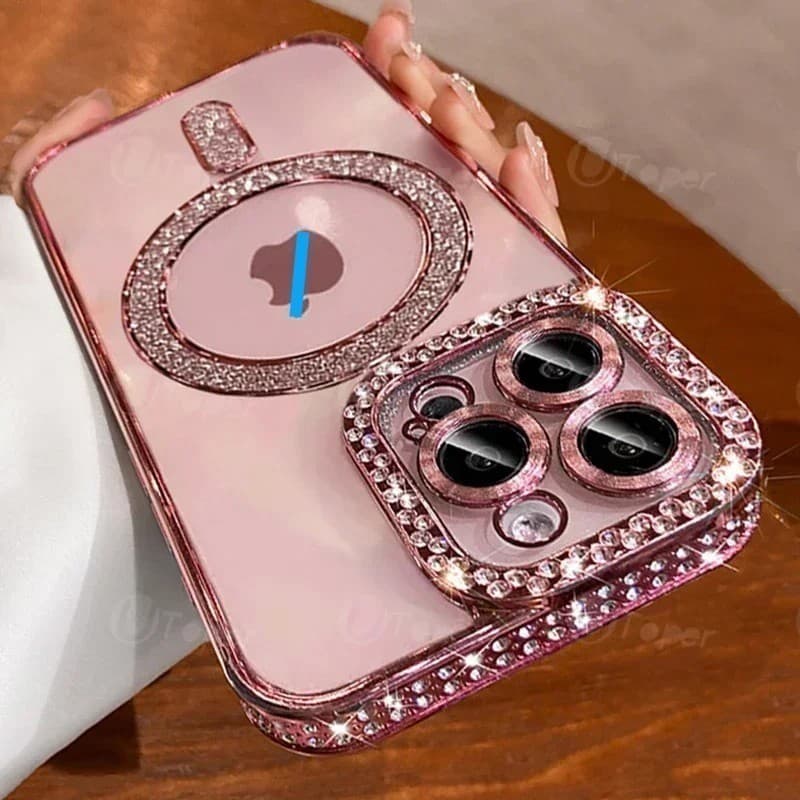 Crystal Glitter transparente caixa magnética, carregamento para iphone  15, 11, 12, 13, 14 Pro Max, menina, moda