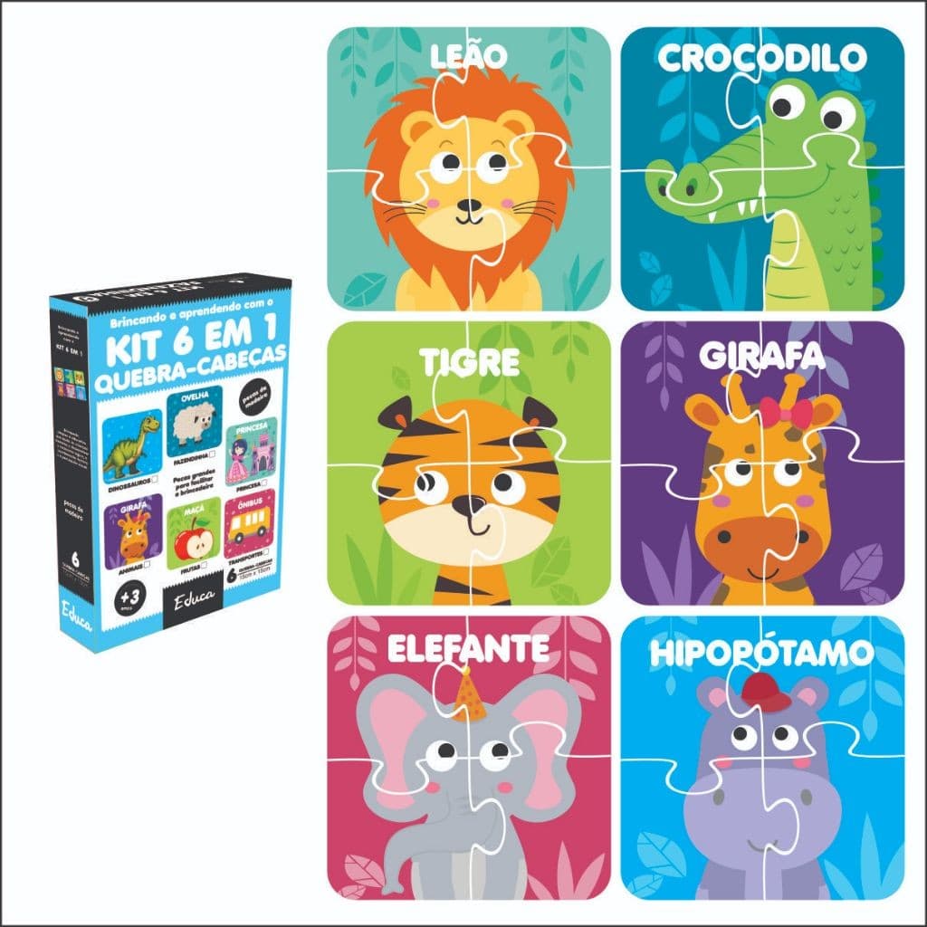 Kit 6 Quebra Cabeça Infantil de Madeira Educativo Pedagógico Lúdico (4 Peças cada) Mdf