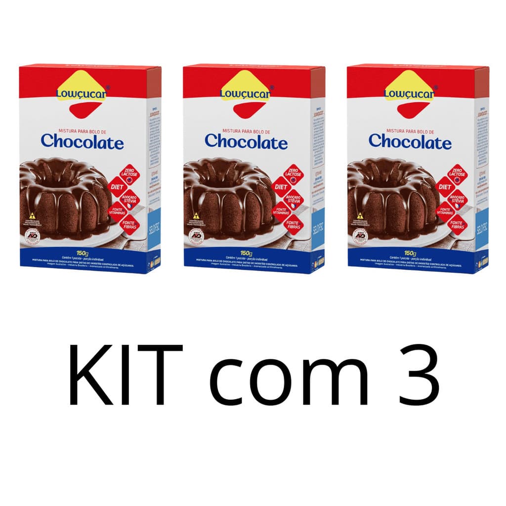 Kit com 3 Mistura para Bolo Lowçucar Sabor Chocolate Zero Adição de Açúcares 150g - Lightsweet