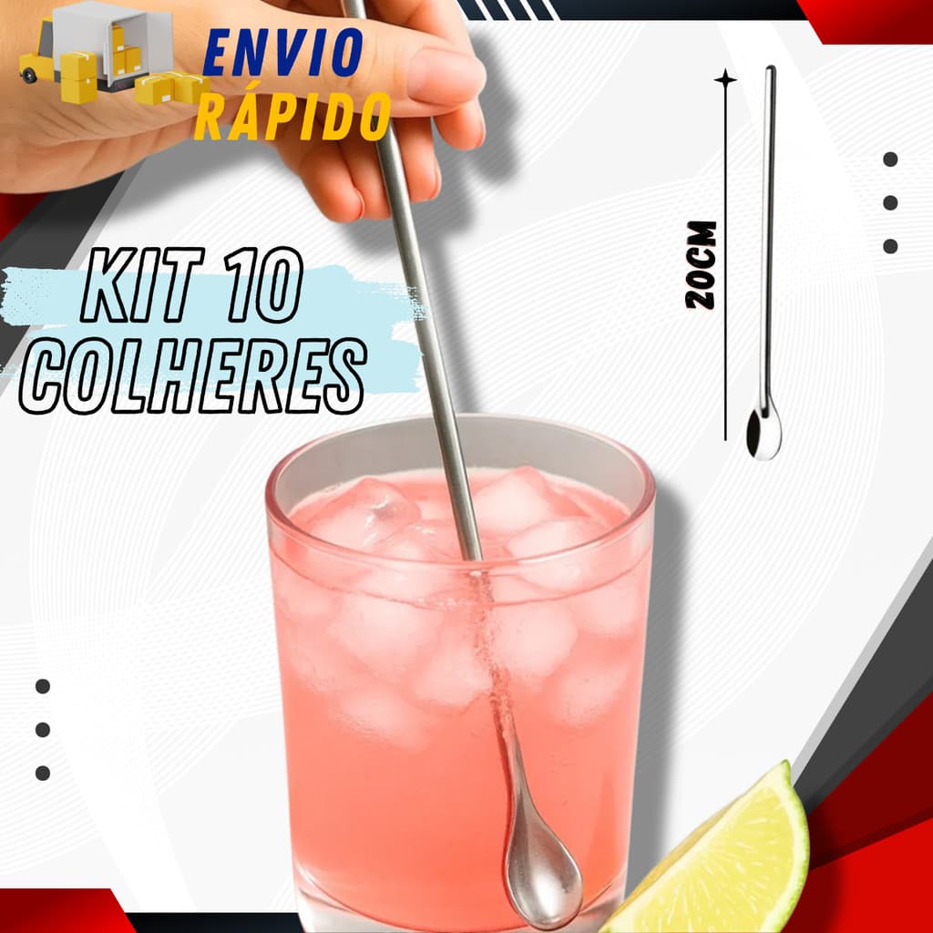 Kit Jogo 10 Colheres Bailarina média pequena 20cm Aço Inox Para Suco Laranja Morango Drinks Bebida