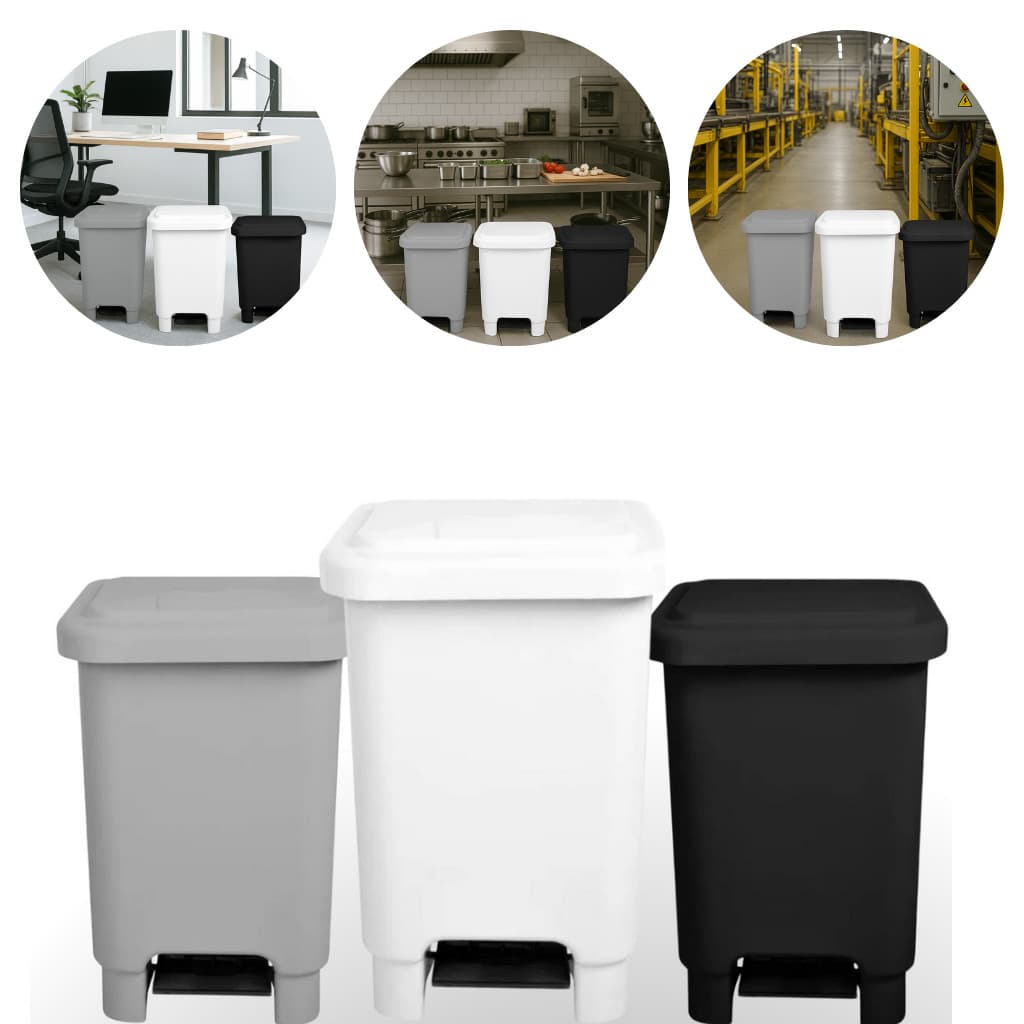 Lixeira 25L com pedal, resistente e versátil. Ideal para casa ou comércio. Prática e decorativa.