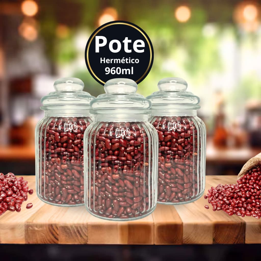 POTE DE VIDRO PREMIUM 960ML CANELADO RETO COM TAMPA HERMÉTICA  KIT OU AVULSO