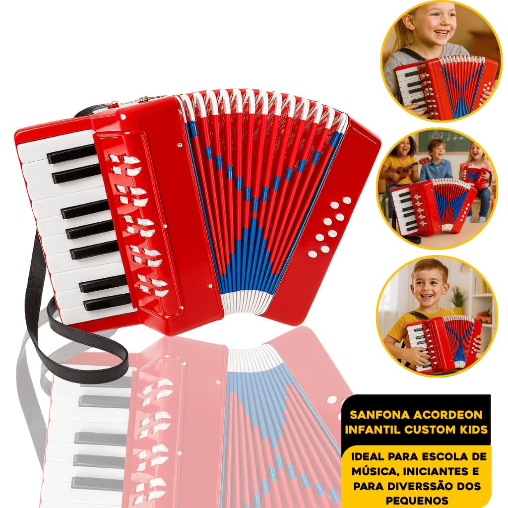 Sanfona Acordeon Infantil17 Teclas 8 Baixos Cor Vermelha Premium