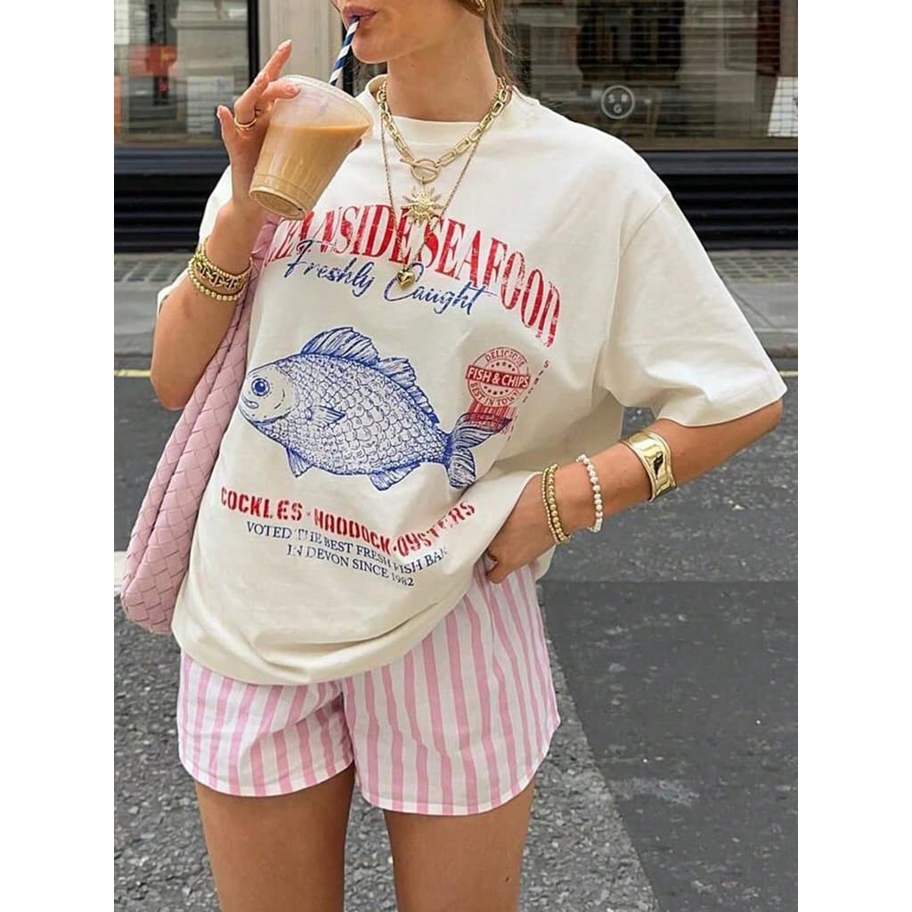 Camiseta Blusa Feminina Algodão Oceanside Moda Over Puro Algodão