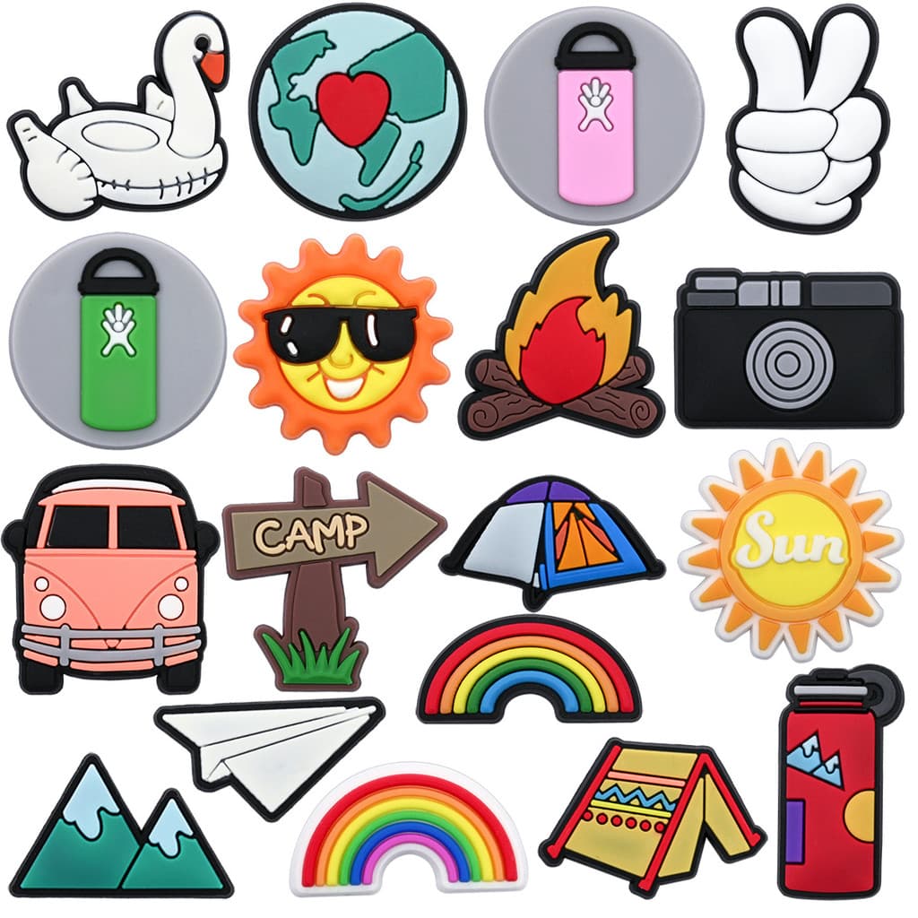 Fivela de sapato de PVC, série de camping de desenho animado, decoração DIY, botões cruzados, pingente, acessórios par