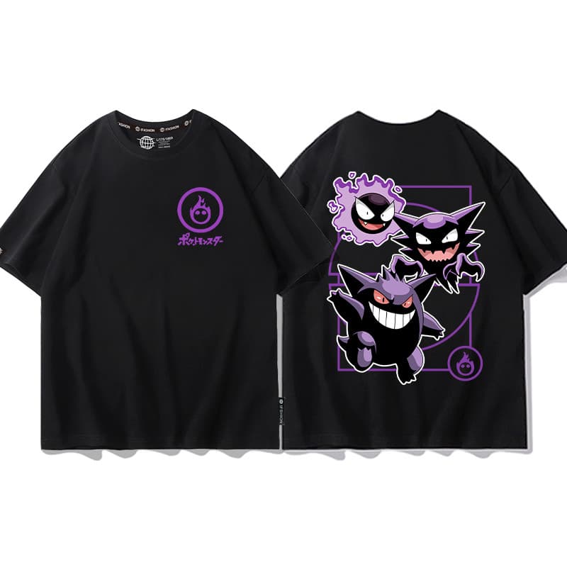 BEAST FASHION 2025 Novo Camiseta de Manga Curta Casual Masculina com Estampa Fantasmas Pokémon Gastly,Haunter,Gengar