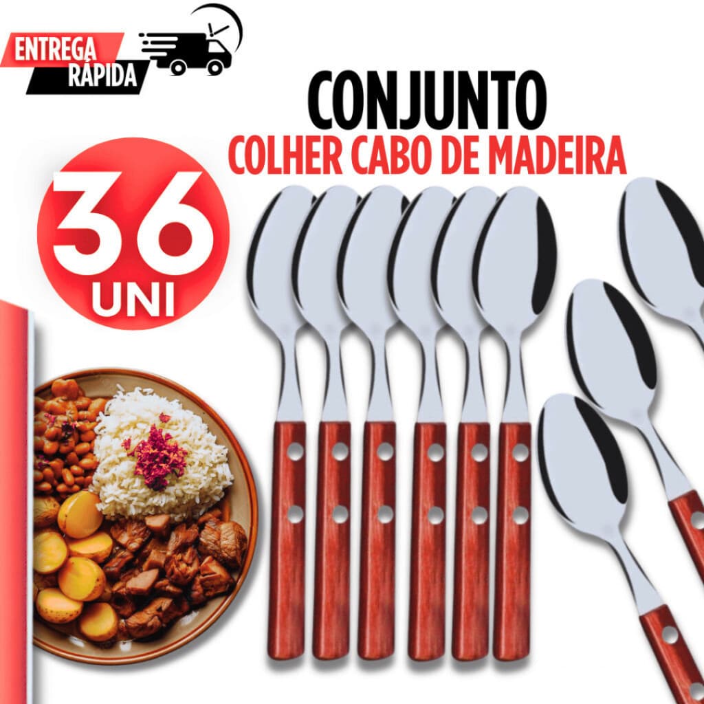Kit 36 Colheres com Cabo de Madeira Aço Inox Churrascaria Restaurantes Pizzaria Premium