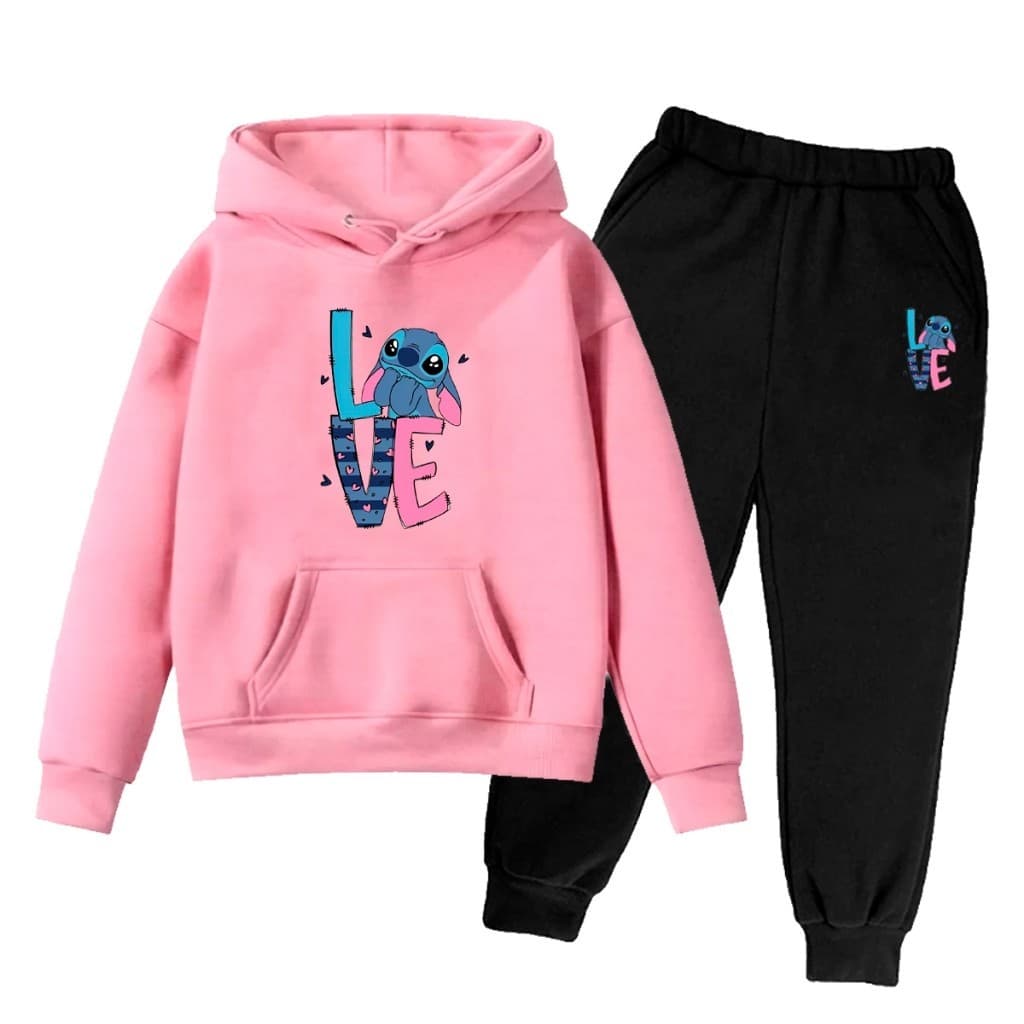 Conjunto Infantil Moletom e Calça Stitch Love Fofo Desenho Criança algodão flanelado Quentinho calça com punho