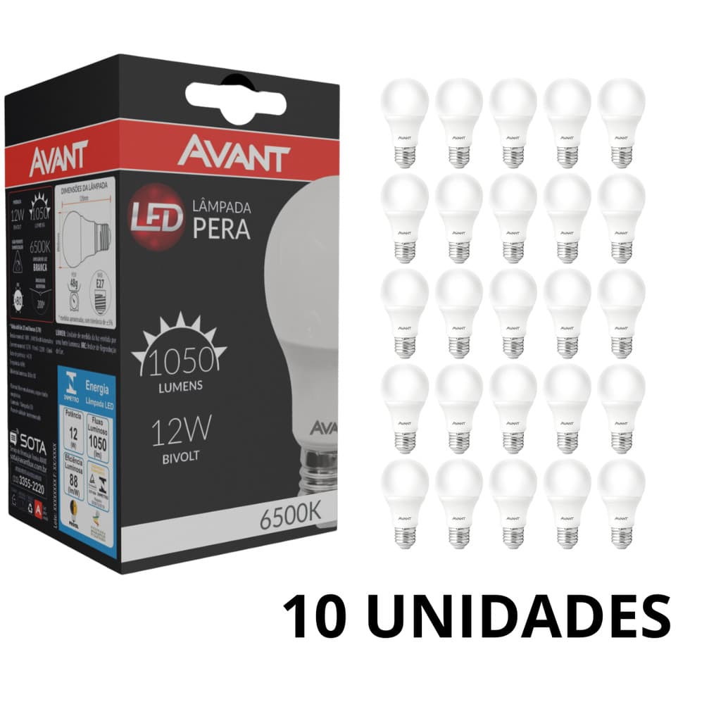 Kit de 10/20/30/40/50 Lâmpadas De Led Bulbo 12w E27 Bivolt Avant