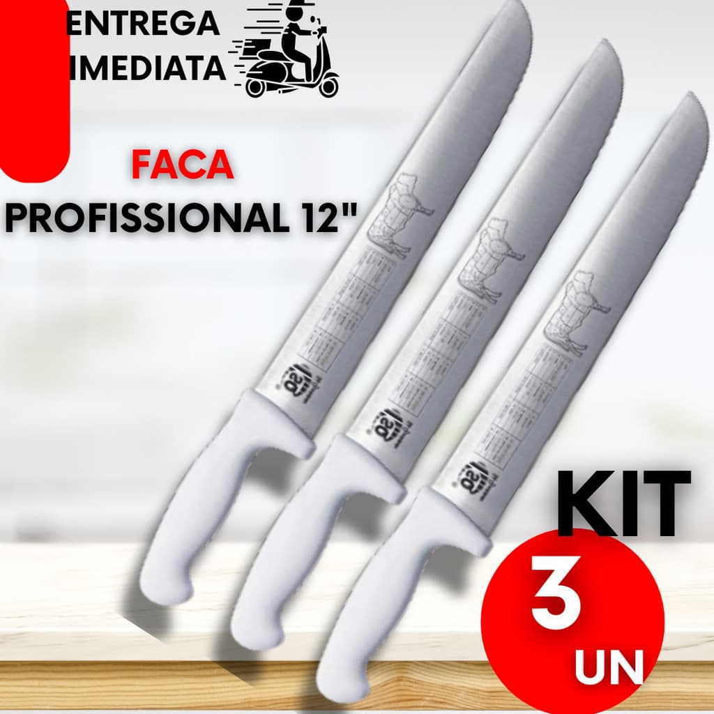 Jogo 3 Faca Profissional 12 Polegadas Aço Inox Cabo Branco Alta Qualidade Para Carne Churrascaria e Açougue