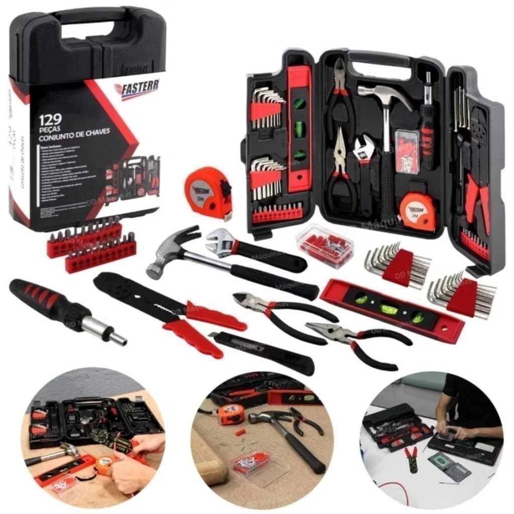Kit Ferramentas 129 Peças Completo Maleta Chaves Alicate Martelo Uso Doméstico Profissional