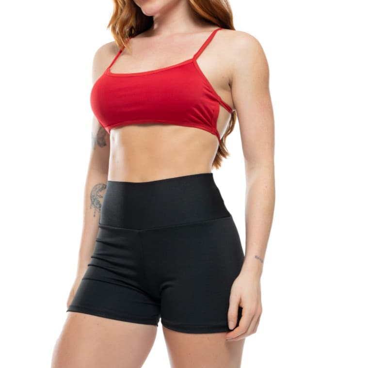 Conjunto Fitness Academia  Top Faixa Cropped Costa Nua + Short Curto Suplex Malha Ginástica Cintura Alta