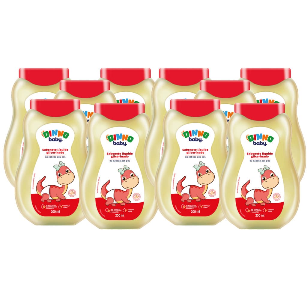 Kit 10 Sabonete Líquido Glicerinado Dinno Baby 200mL – Higienização Suave, Segura e Hidratante Bebês