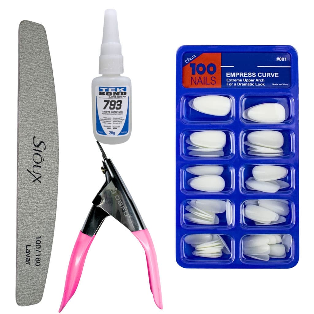 Kit Alongamento de Unha - Alicate + Unha amendoada leitosa + Tekbond + Lixa