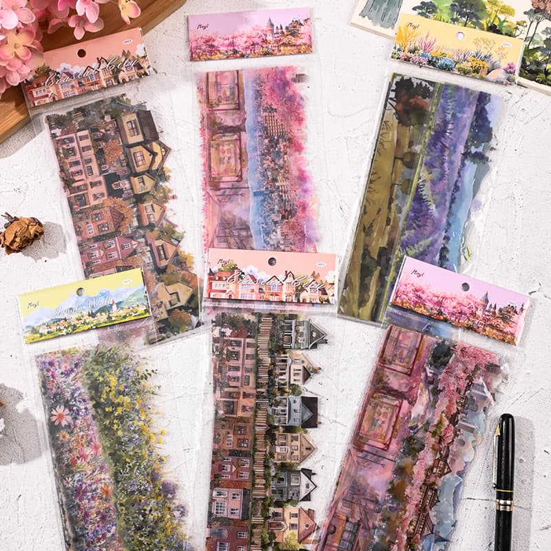 10 Folhas Estéticas Aquarela Série Selva Tira Longa PET Paisagem Adesivos Diário Deco DIY