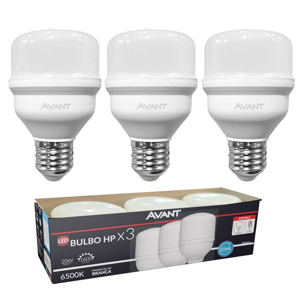 Kit 3 Lâmpadas LED Bulbo HP Avant 20W E27 6500K Bivolt Luz Branca Fria Alta Potência