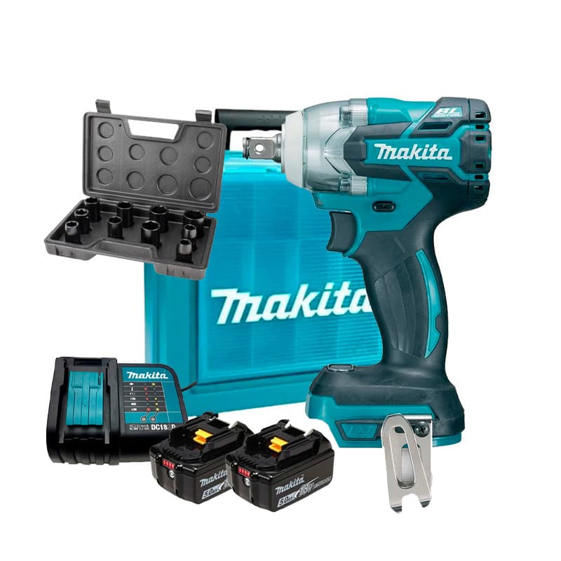 Chave de Impacto 1/2" Bateria 18V LXT DTW300Z + Kit 2 Baterias 5Ah + Carregador + Jogo de Soquete 10 peças Makita