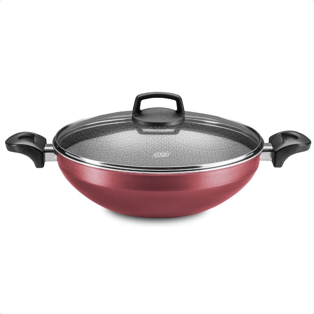 Panela Supra Wok 4,3L Tampa Vidro Temperado Alça 28cm Antiaderente 7 Camadas Vermelho MTA 8952