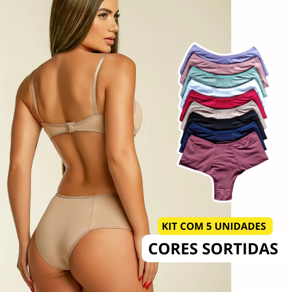KIT 05 Calcinhas Rebeca Microfibra Adulto Feminina Confortável Pala Dupla Cintura Alta Feminina