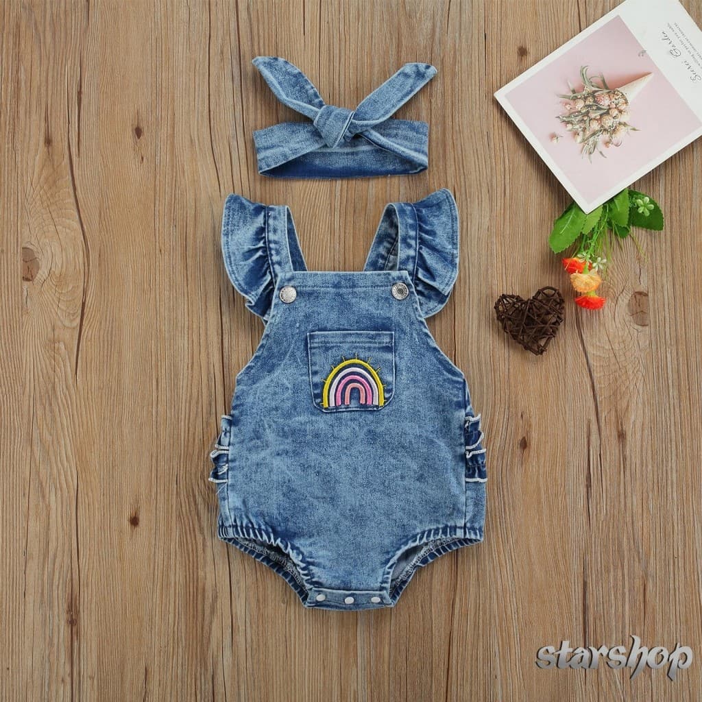 Starshop-Breathable Baby Girls Outfit Verão Criativo Bordado Arco-Íris Manga De Mosca Decoração Romper + Headwear Set
