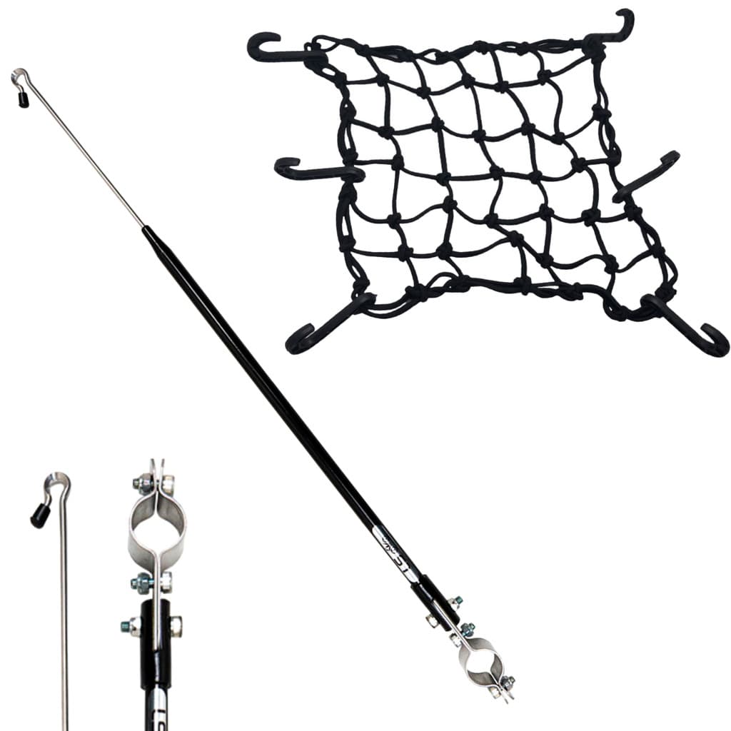 Kit Antena Moto Anti Cerol Corta Linha Pipa Fio Guidão Preta Rede Elástica Aranha P/ Moto 35x35 Prender Segurar Capacete Carga Bagageiro Redinha