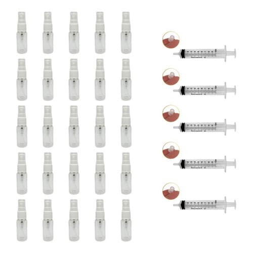25 Frascos De Vidro 5ml Válvula Spray + 5 Seringas Com Adaptador