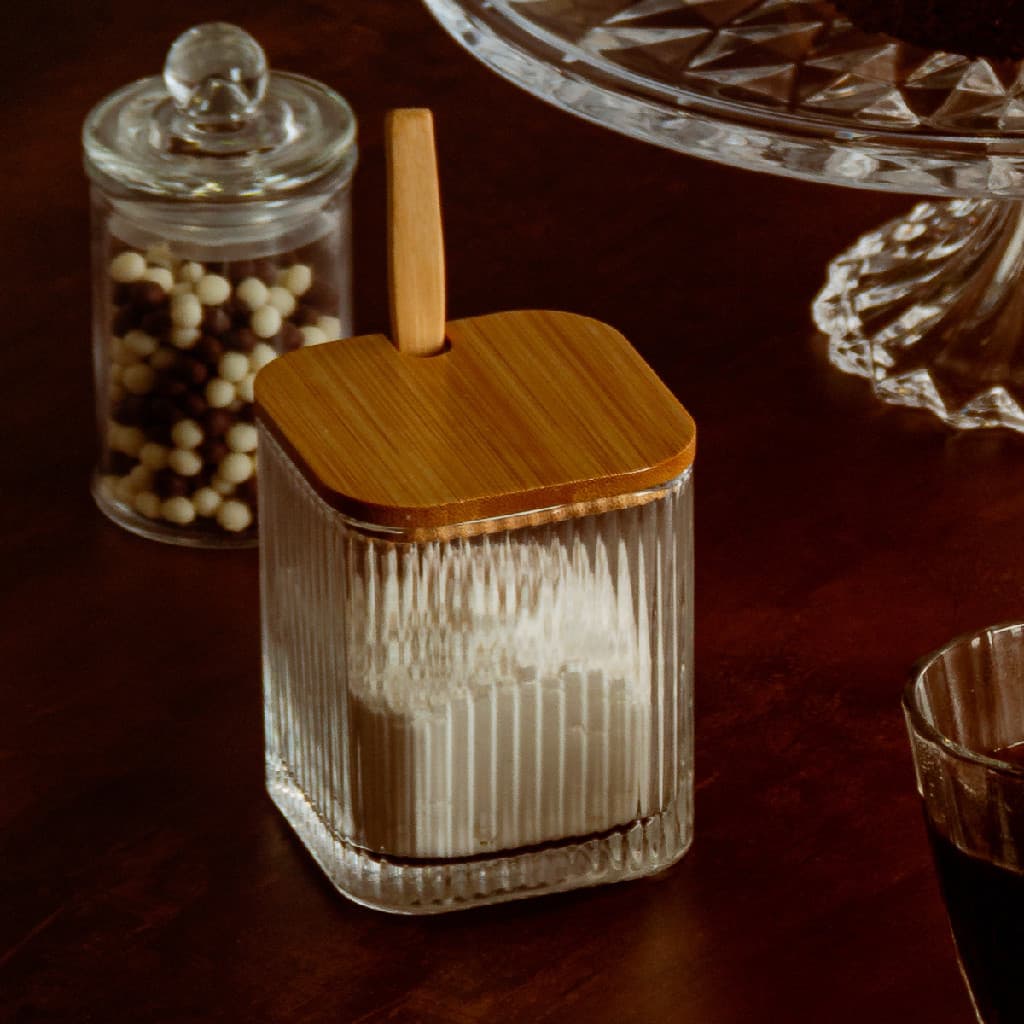 Pote de Vidro Lyor com Colher e Tampa de Bambu Lines Açucareiro Porta Condimentos Pimenteiro Saleiro 8x9,5cm