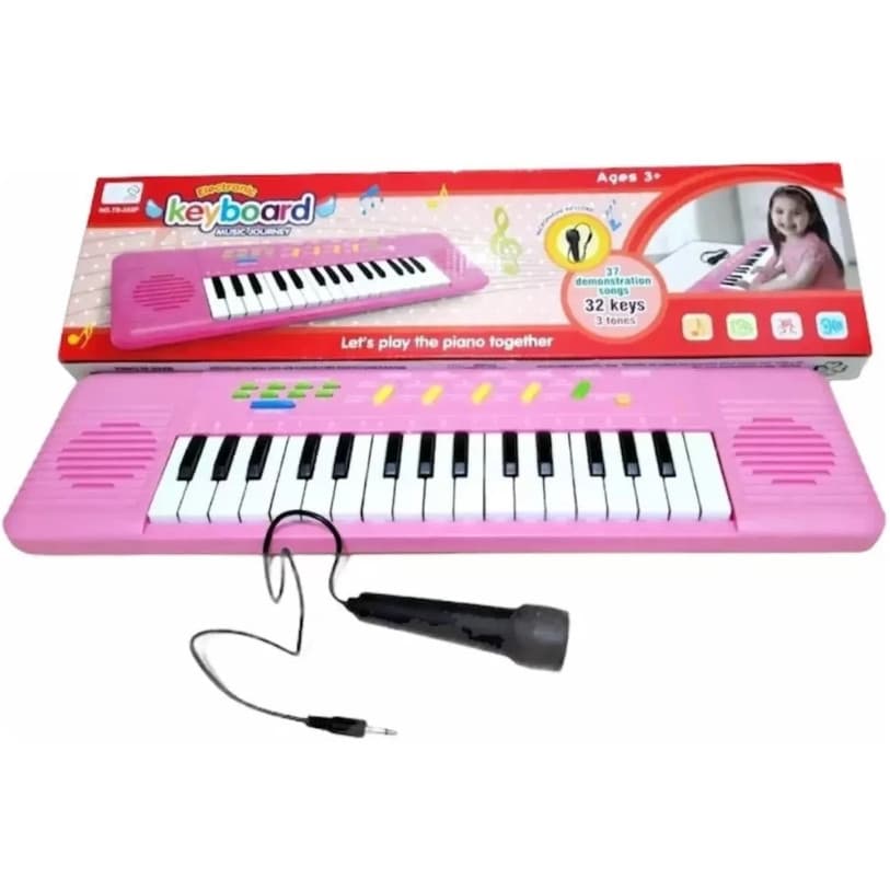 Brinquedo  Piano Musical Karaokê Teclado Rosa Infantil com Microfone 32 Teclas