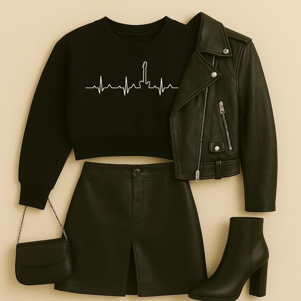 Cropped Moletom Rock Estampa Batidas Guitarra 031 Modinha Feminina Look Despojado Roqueira Show