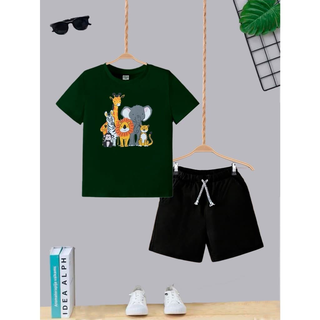 Kit Camiseta + Short Conjunto Infantil Animais  Moda Teen Kids Bolso Lateral