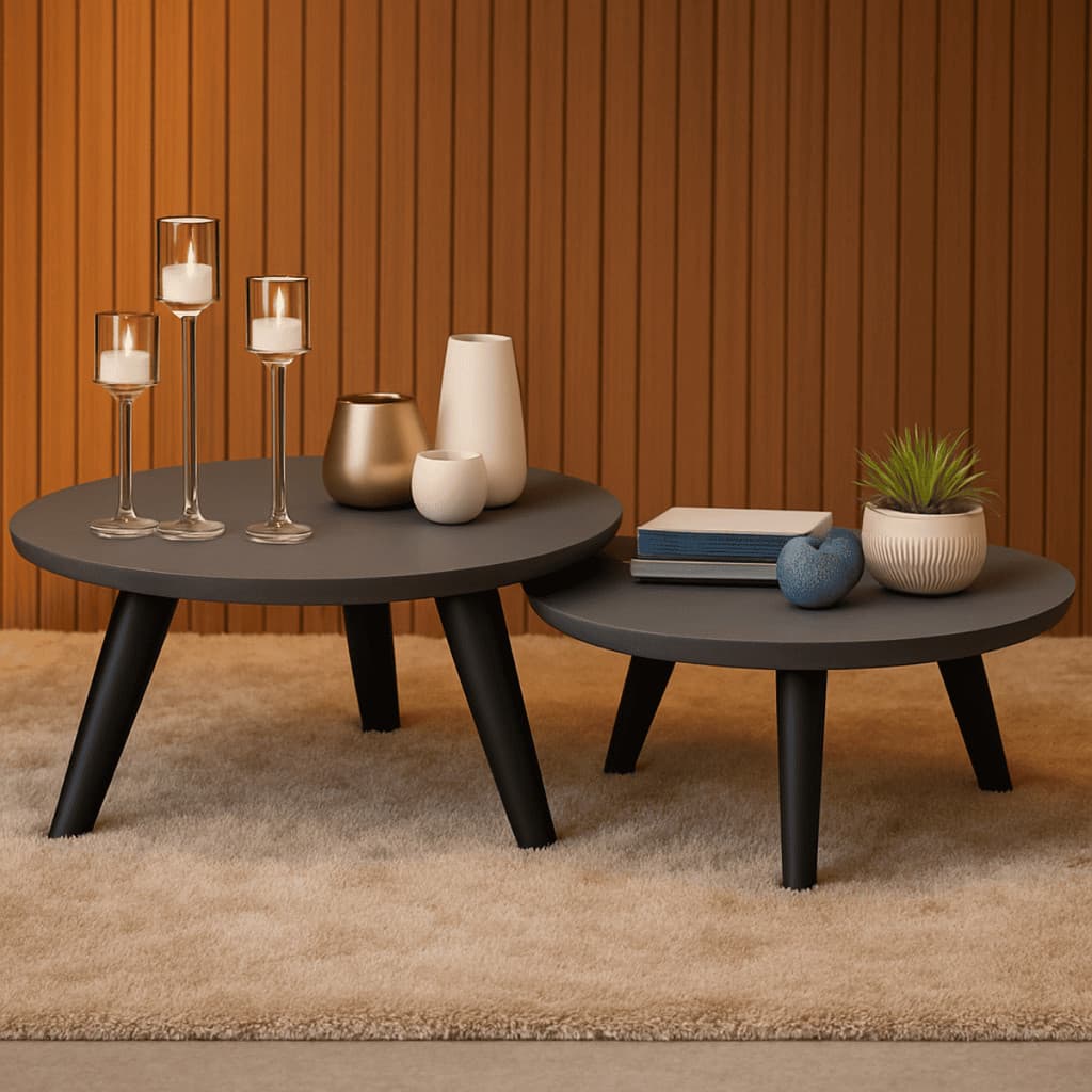 Jogo De Mesinhas De Centro Redonda Com Pés Plástico PVC Preto Para Sofá Sala Decoração Modernic