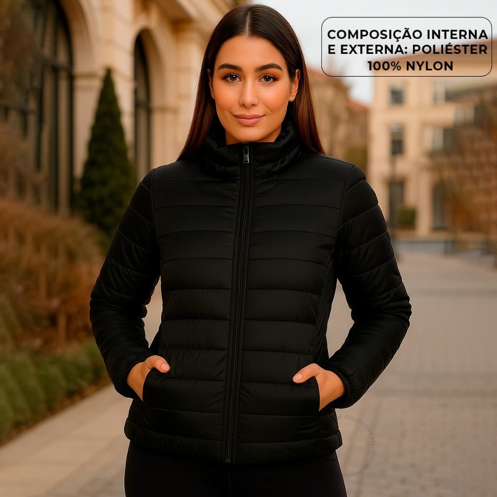 Jaqueta Feminina Puffer Bobojaco Frio Casaco Impermeável Nyon Preto Capuz Removível