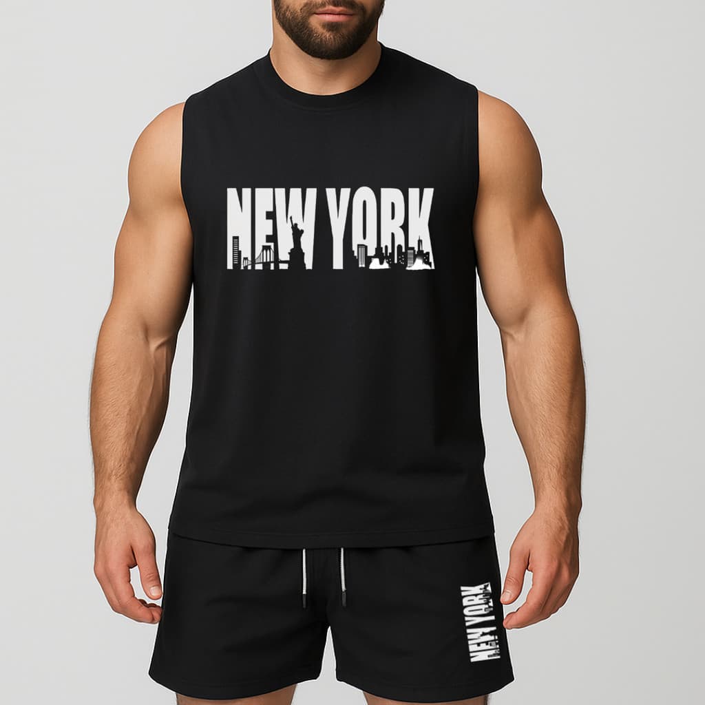 conjunto regata oversized e short de tactel de academia másculino estampada new york cidade